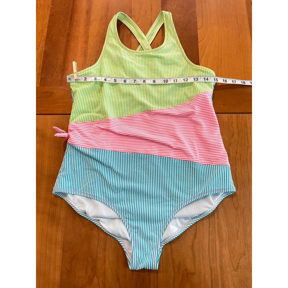Lands End Girls One Piece Swimsuit Size 16 Colorblock Seersucker Stripe Swimwear - Picture 4 of 10